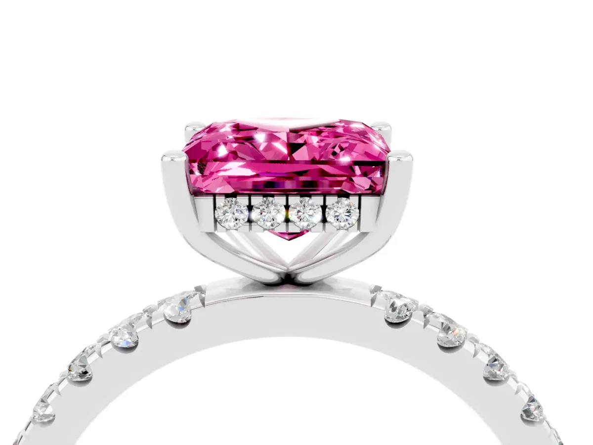 Princess Cut Pink Sapphire Pave Band Solitaire Ring with Round and Prong Setting Platinum