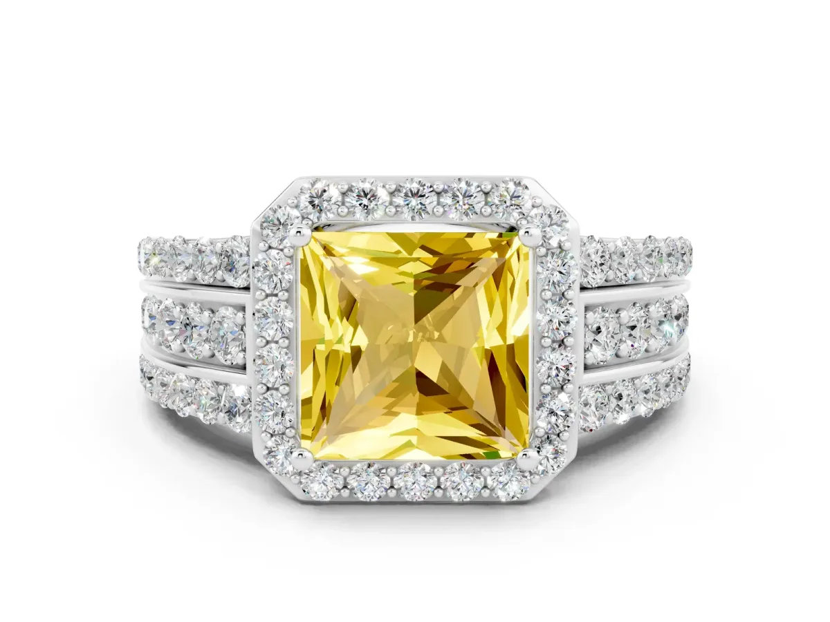 Princess Cut Halo Yellow Sapphire Ring with Round Split Shank and Prong Setting White gold
