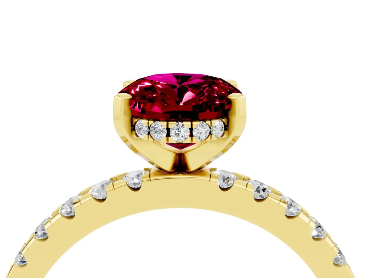 Oval Cut Garnet Solitaire Ring with Round Pavé Band and Four-Prong Setting Yellow gold