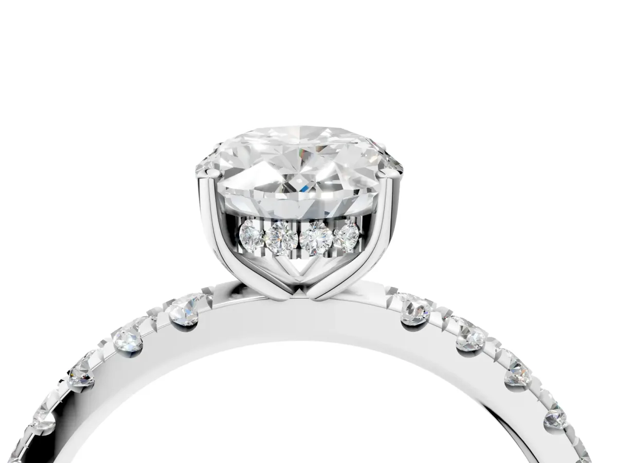 Oval Cut Diamond Pave Band Solitaire Ring with Round Moissanite and Prong Setting Silver