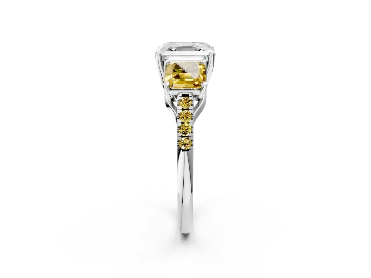Three-Stone Asscher Cut Diamond Ring with Round Yellow Sapphire Pavé Band and Prong Setting Silver