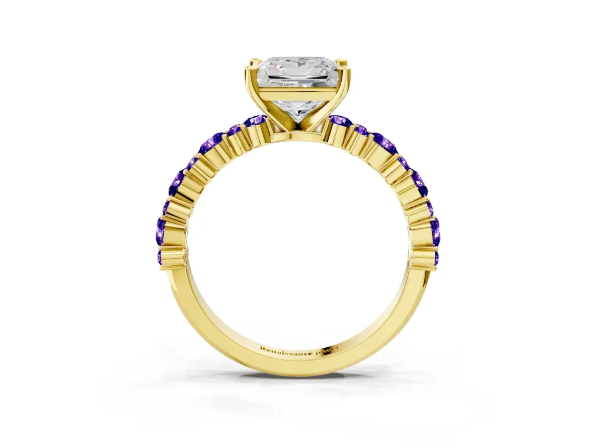 Princess Cut Diamond Side Stone Solitaire Ring with Round Tanzanite and Four-Prong Setting Yellow gold