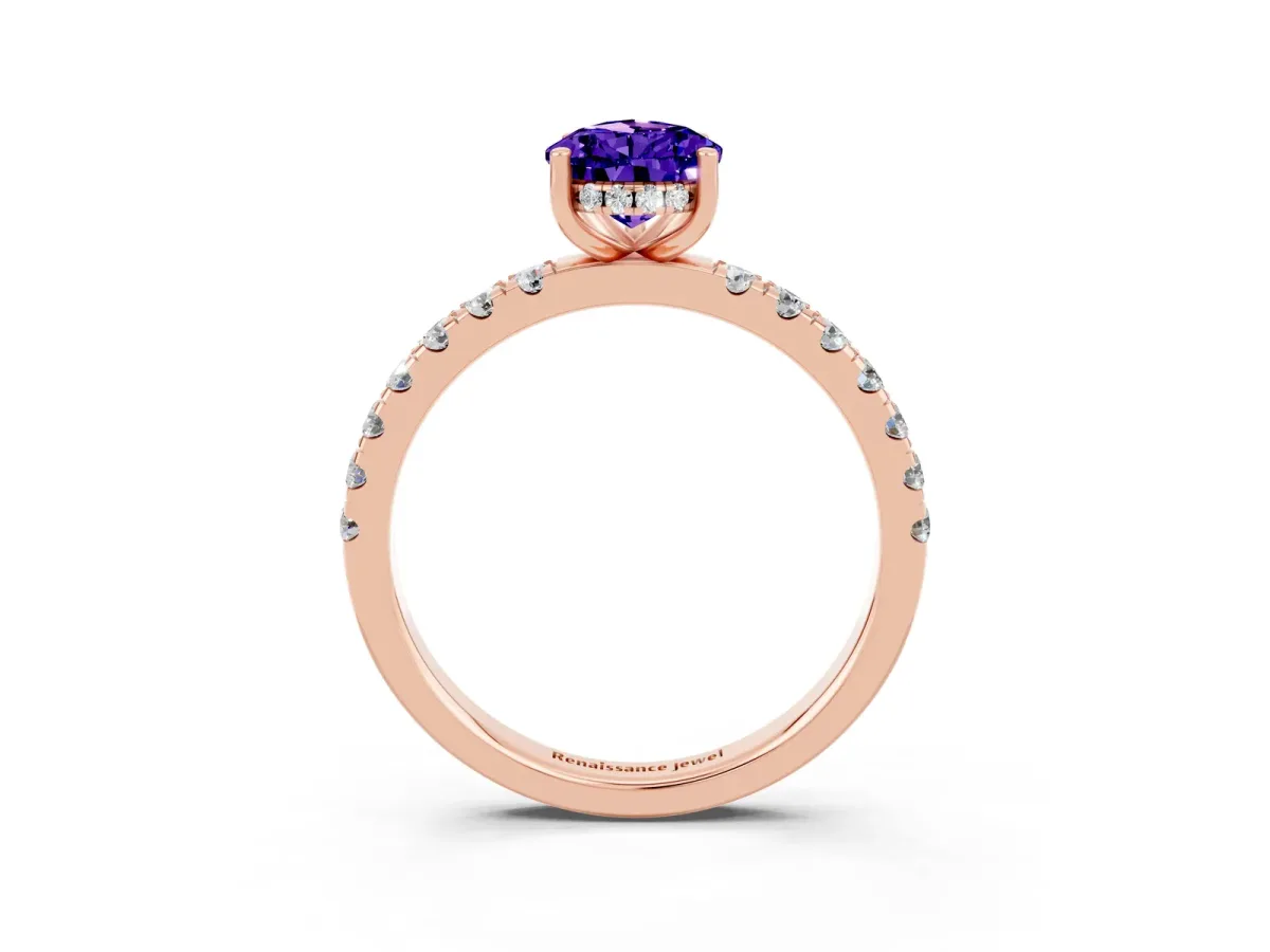 Pear Cut Tanzanite Pave Band Solitaire Ring with Round and Prong Setting Rose gold