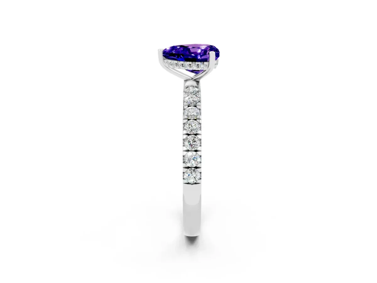 Heart Cut Tanzanite Pave Band Solitaire Ring with Round and Prong Setting Silver