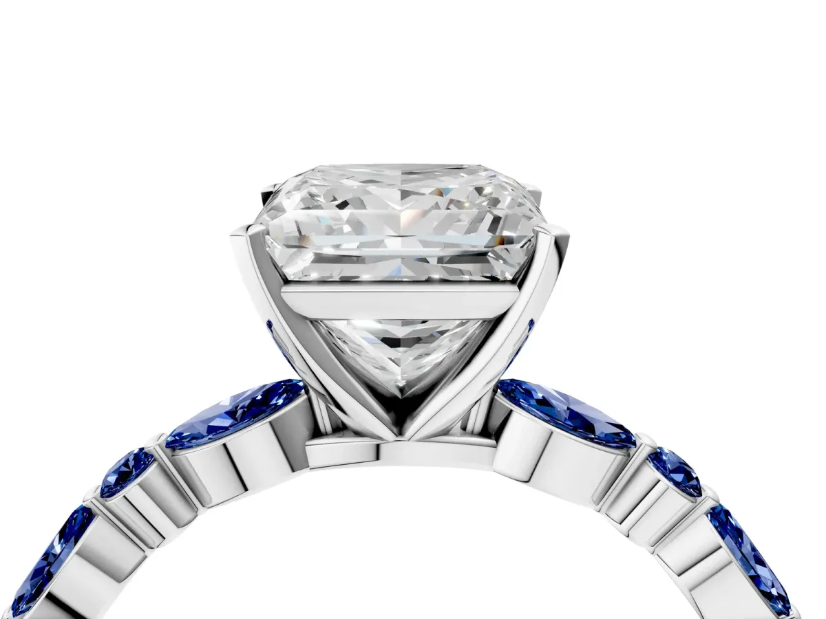 Princess Cut Diamond Ring with Marquise and Round Blue Sapphire Side Stones and Four-Prong Setting Platinum