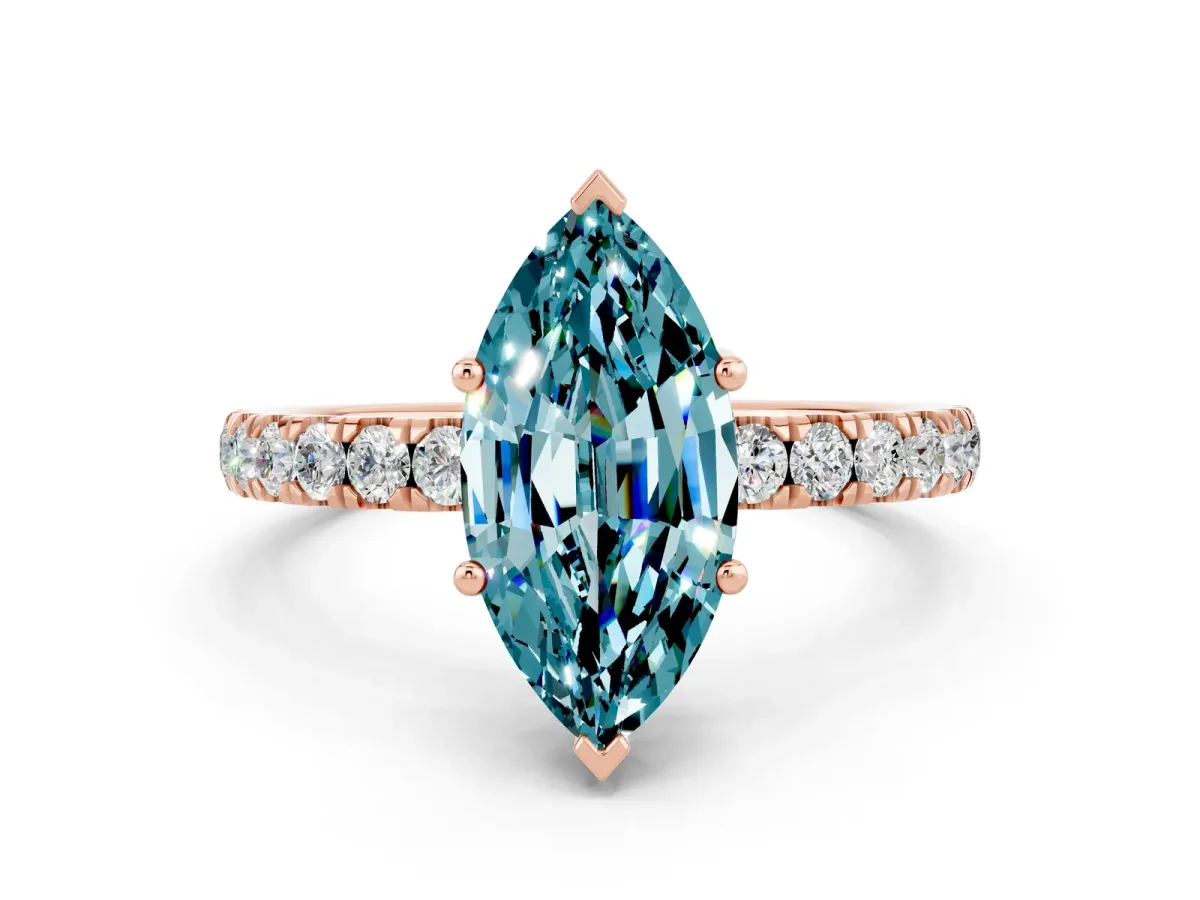 Marquise Cut Blue Topaz Pave Band Solitaire Ring with Round and Prong Setting Rose gold