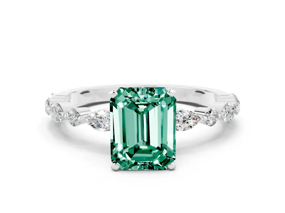 Emerald Cut Green Sapphire Ring with Marquise and Round Side Stones and Four-Prong Setting Platinum