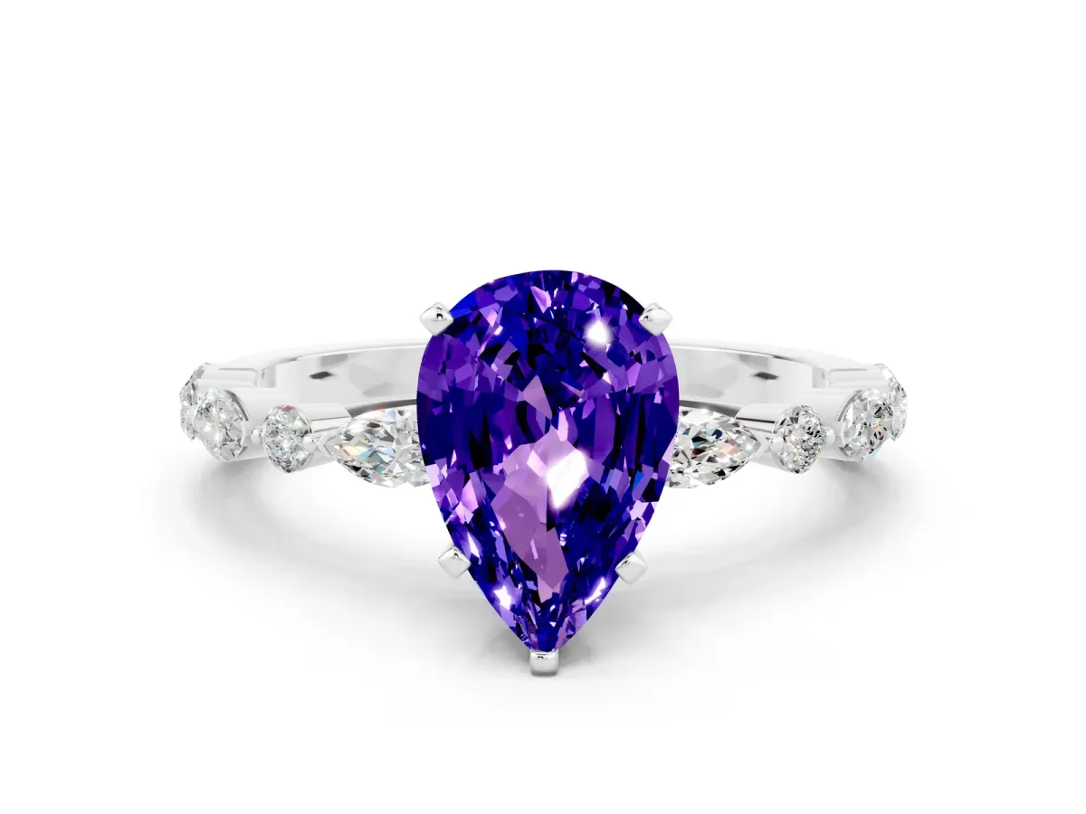 Pear Cut Tanzanite Ring with Marquise and Round Side Stones and Four-Prong Setting Silver