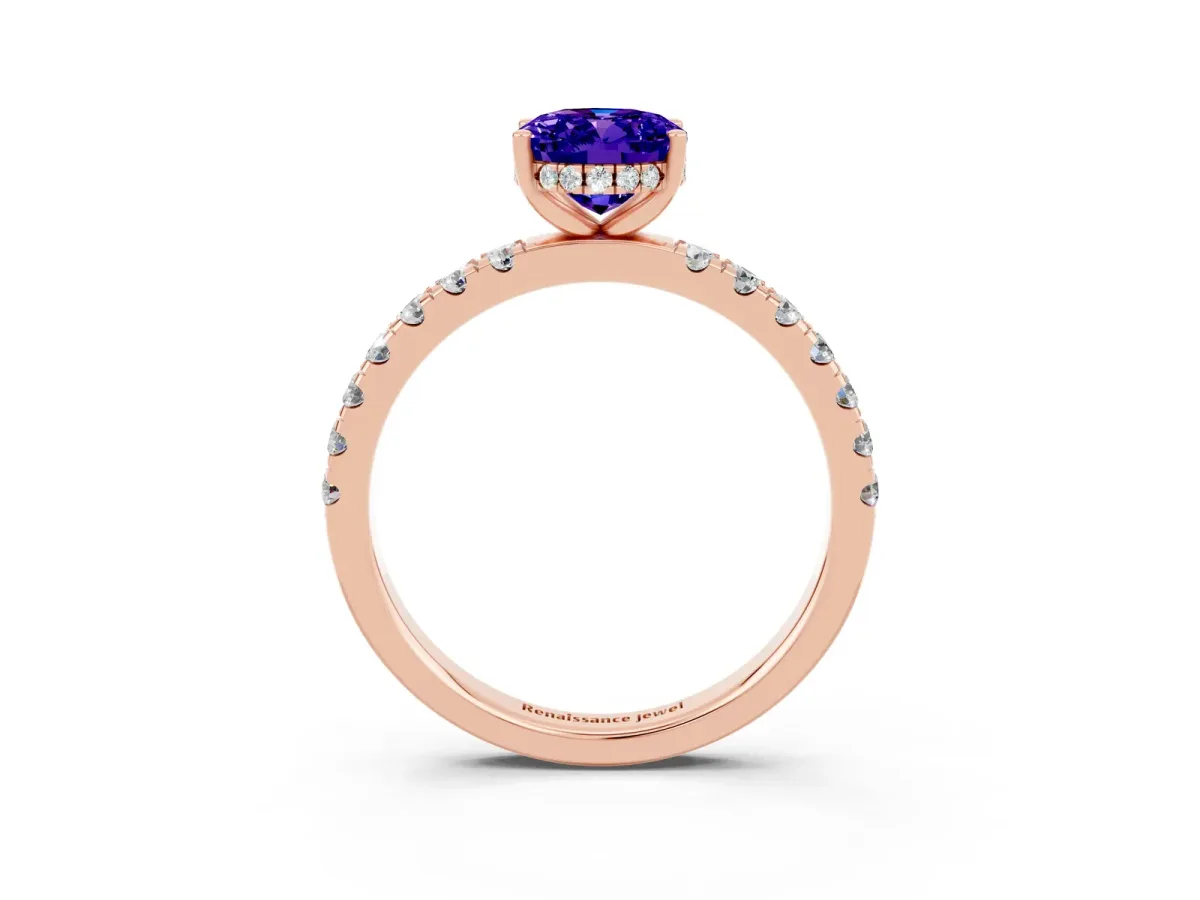 Oval Cut Tanzanite Pave Band Solitaire Ring with Round and Prong Setting Rose gold