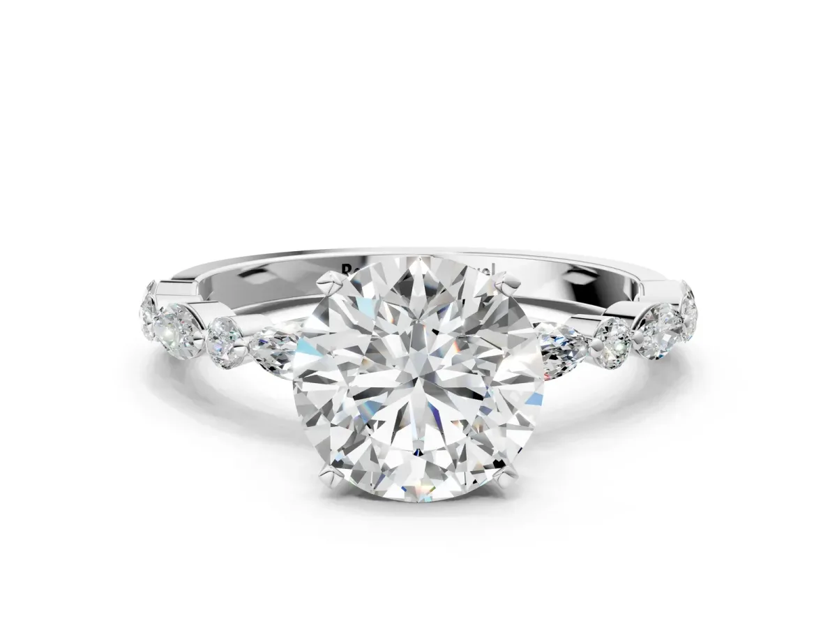 Round Cut Diamond Ring with Marquise and Round Side Stones and Four-Prong Setting White gold