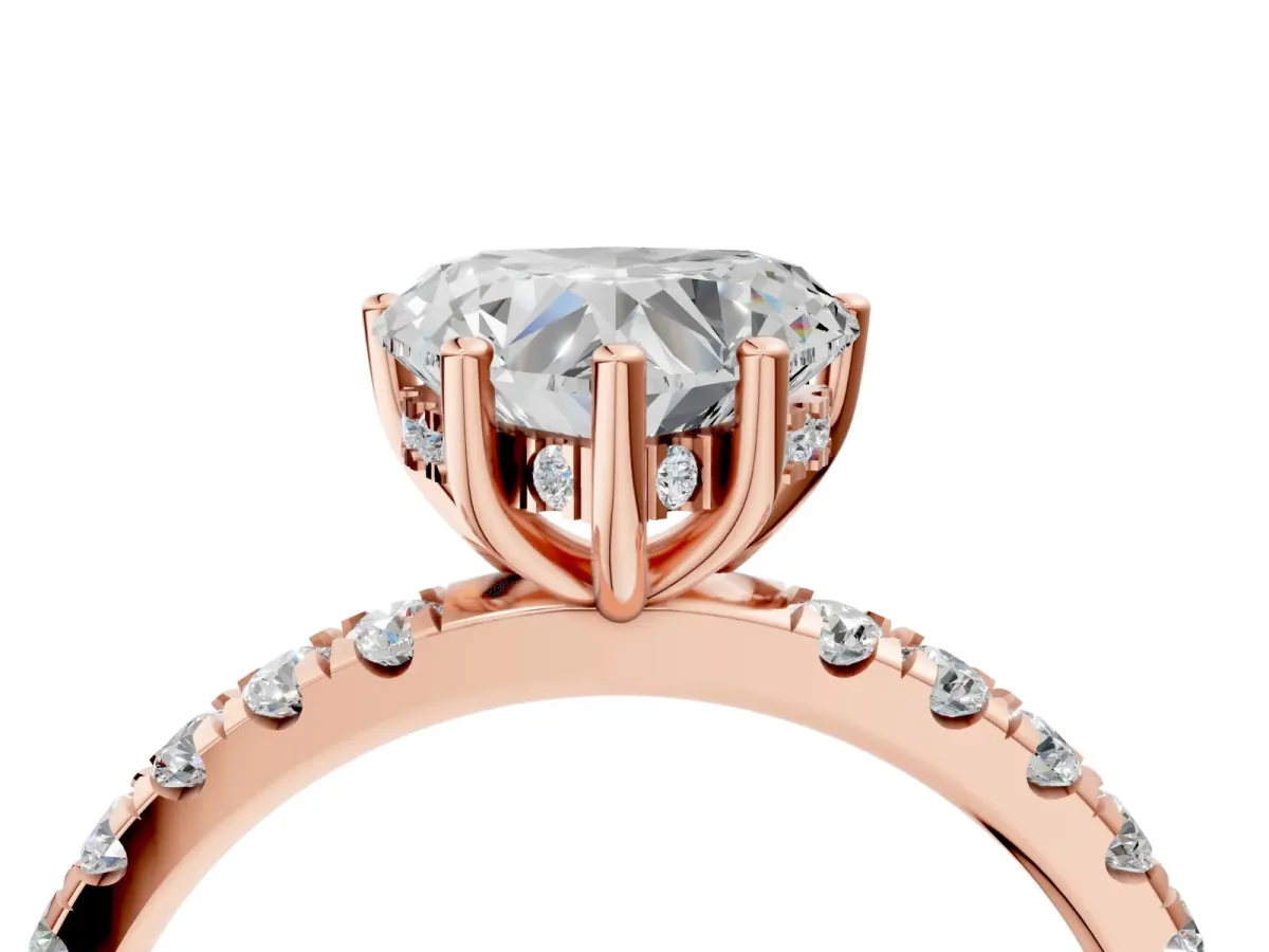 Heart Cut Diamond Pave Band Solitaire Ring with Round and Prong Setting Rose gold
