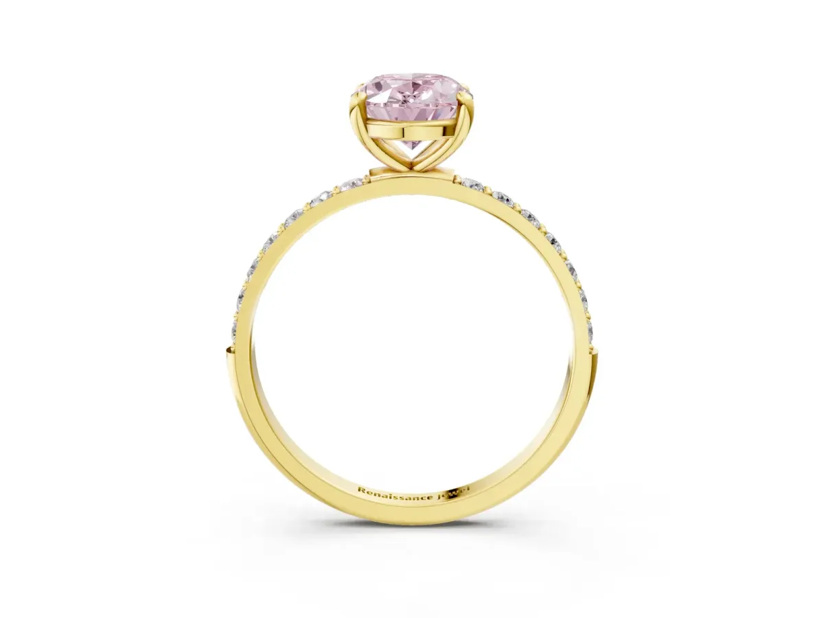 Fancy Pink Oval Cut Diamond Solitaire Ring with Round Pavé Band and Prong Setting Yellow gold