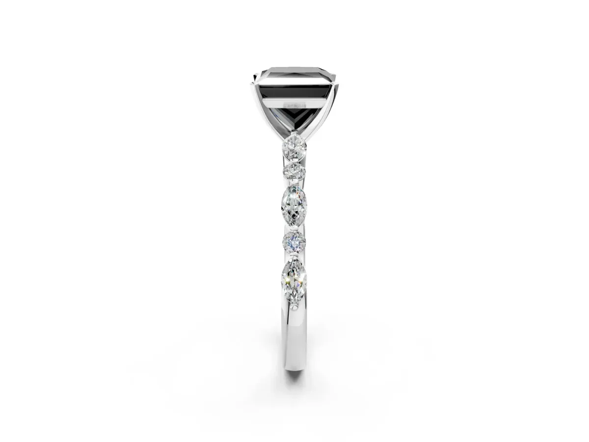 Fancy Black Princess Cut Diamond Ring with Marquise and Round Side Stones and Four-Prong Setting Silver