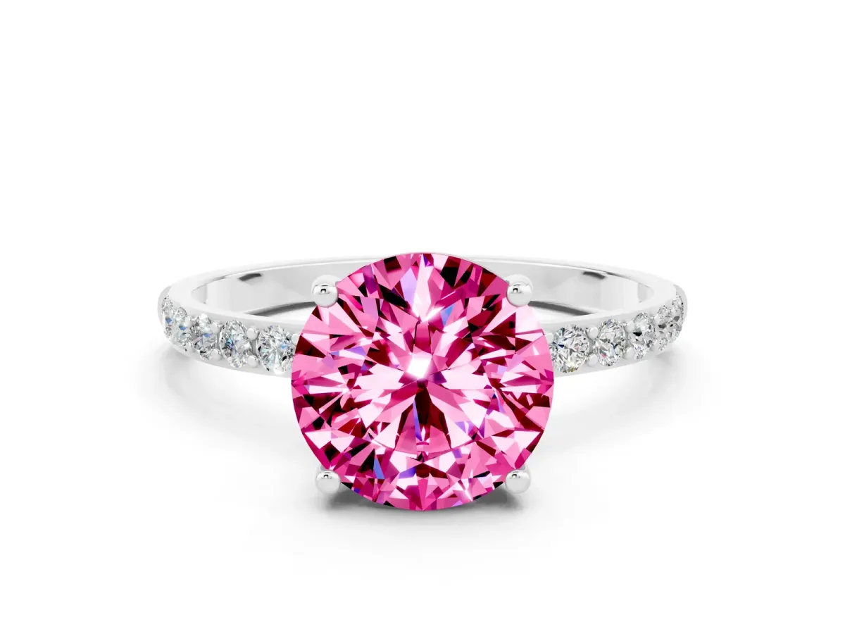 Round Cut Pink Sapphire Solitaire Ring with Round Pavé Band and Prong Setting Platinum
