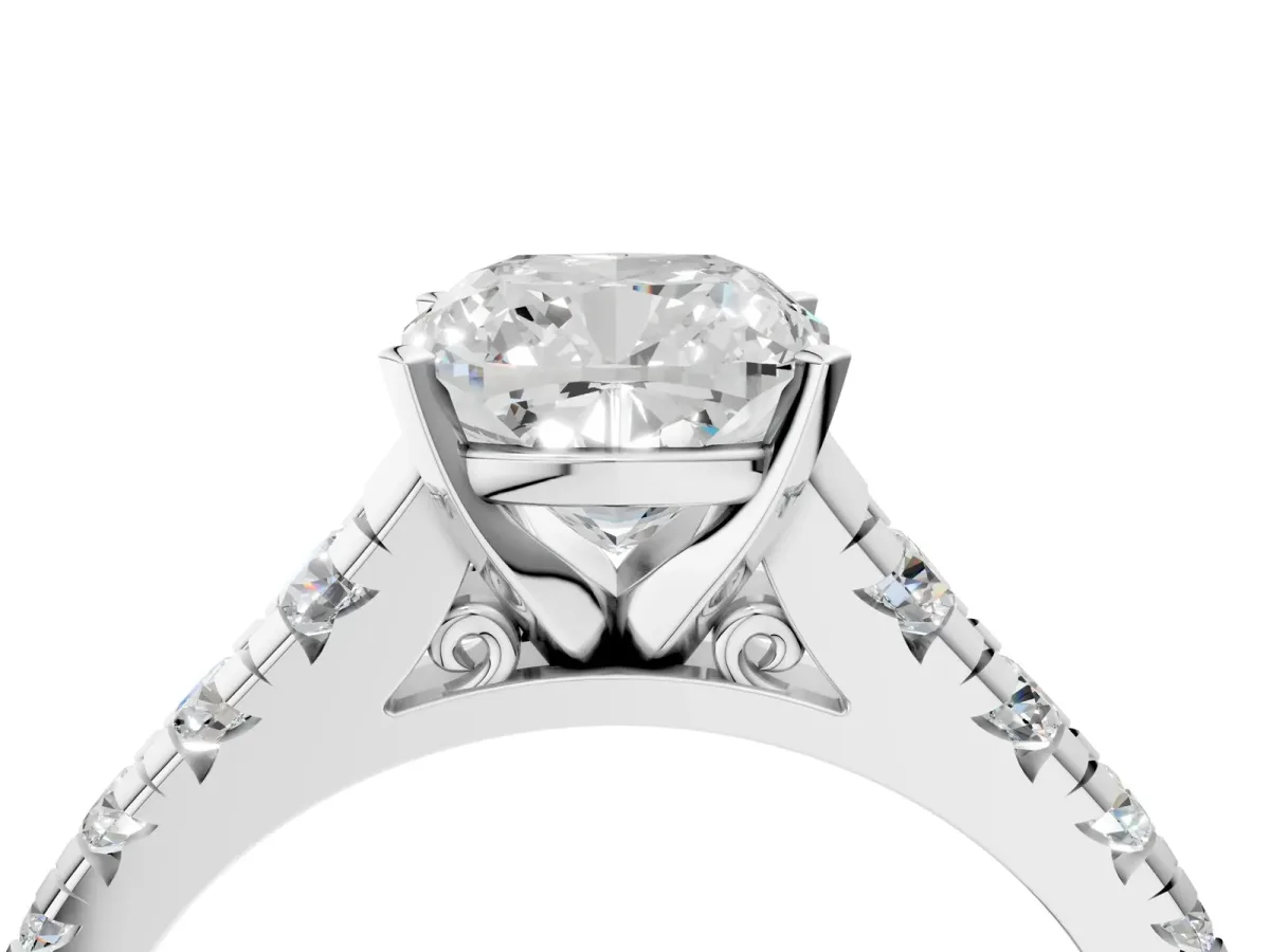 Cushion Cut Diamond Cathedral Solitaire Ring with Round Moissanite Pavé Band Silver