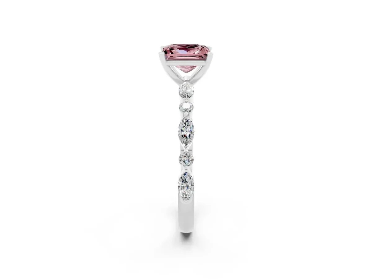 Princess Cut Morganite Ring with Marquise and Round Side Stones and Four-Prong Setting Silver