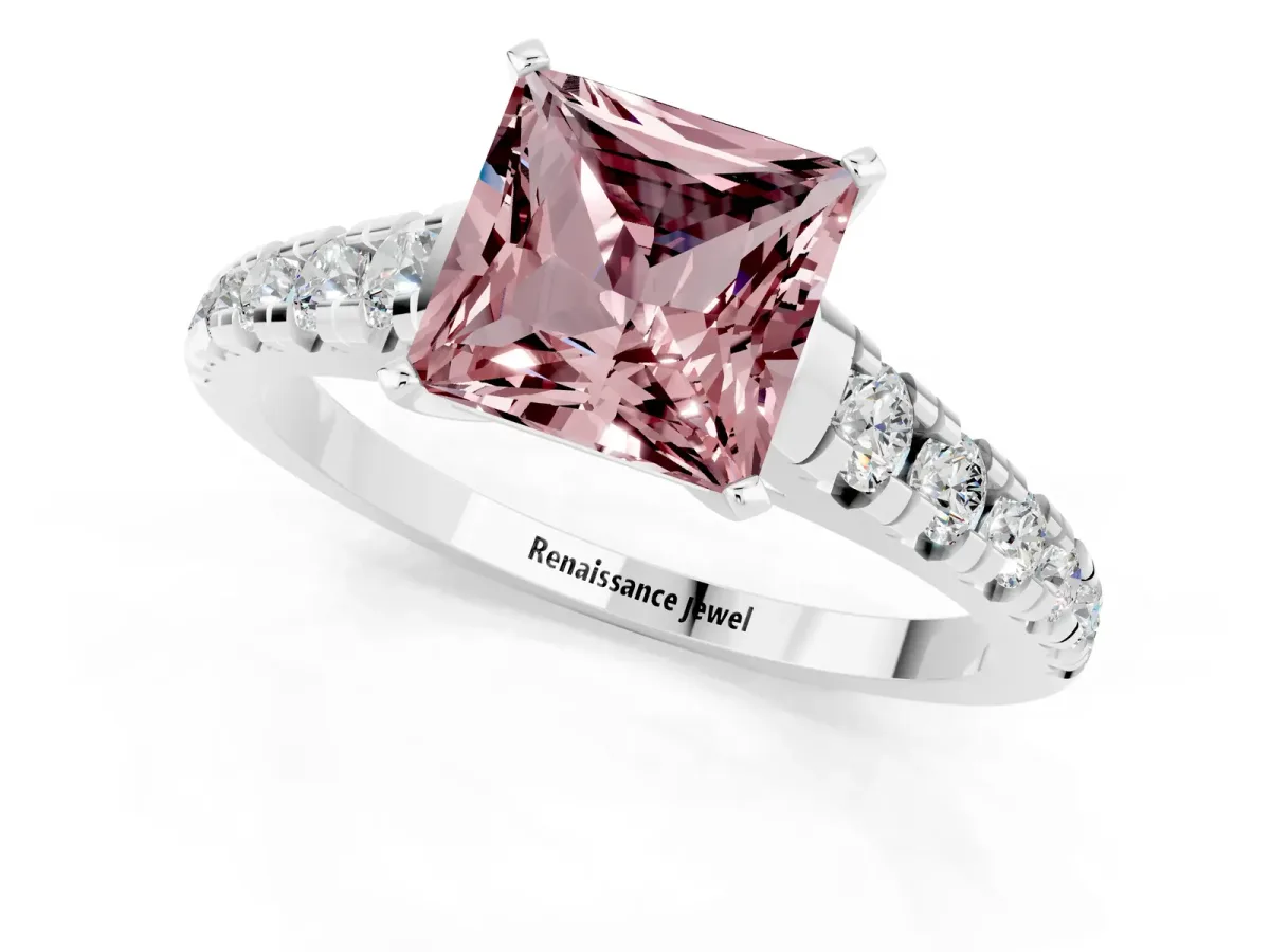 Princess Cut Morganite Cathedral Solitaire Ring with Round Pavé Band White gold