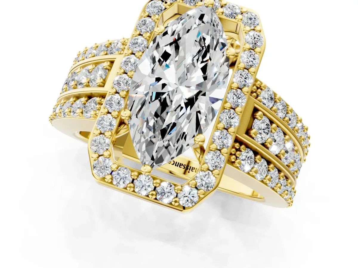 Marquise Cut Halo Diamond Ring with Round Moissanite Split Shank and Prong Setting Yellow gold
