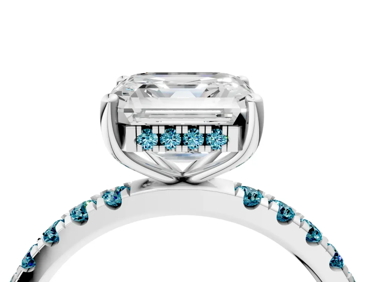 Asscher Cut Diamond Pave Band Solitaire Ring with Round Blue Topaz and Prong Setting Platinum