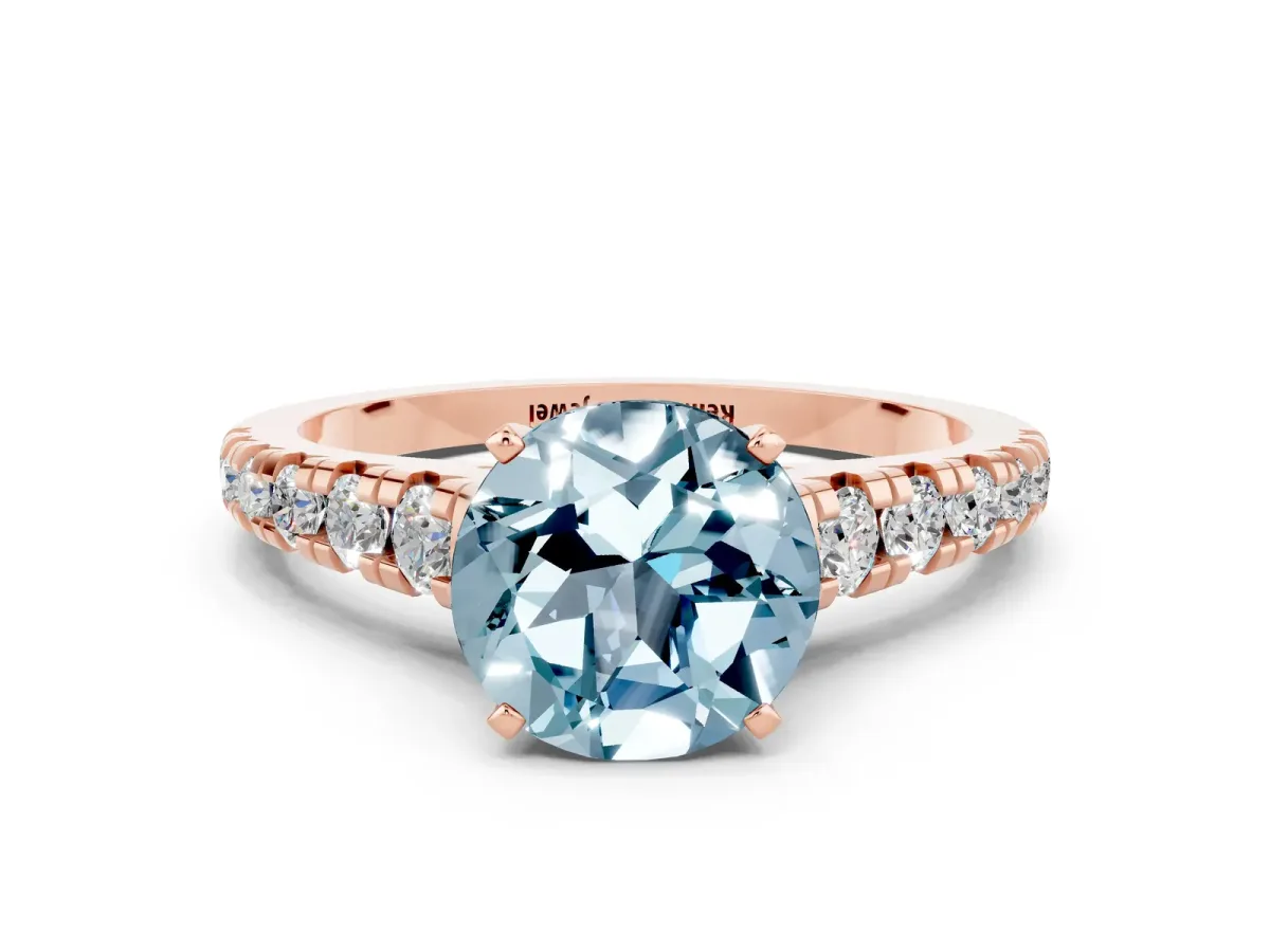 Round Cut Aquamarine Cathedral Solitaire Ring with Round Pavé Band Rose gold
