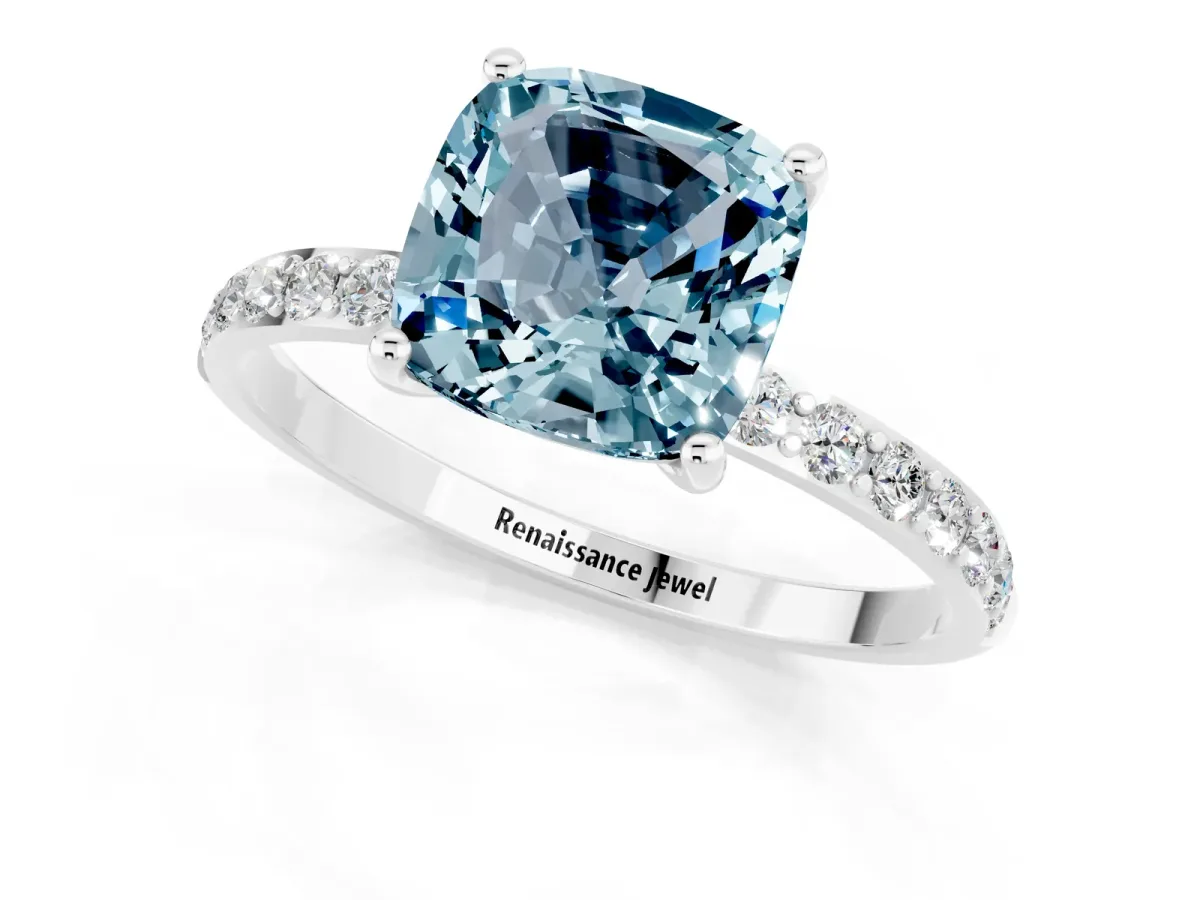 Cushion Cut Aquamarine Solitaire Ring with Round Pavé Band and Prong Setting Silver