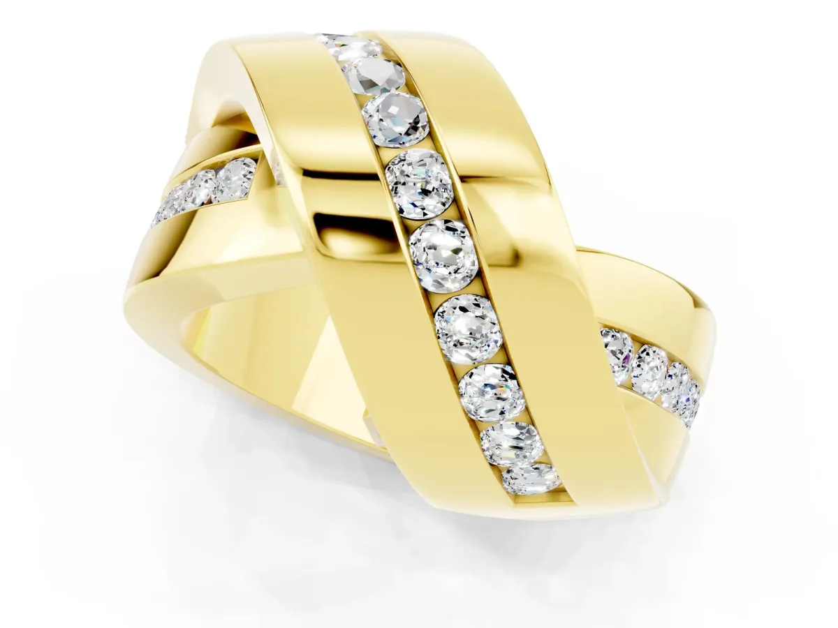 Pavé Round Moissanite Crossover Band with Channel Setting Yellow gold