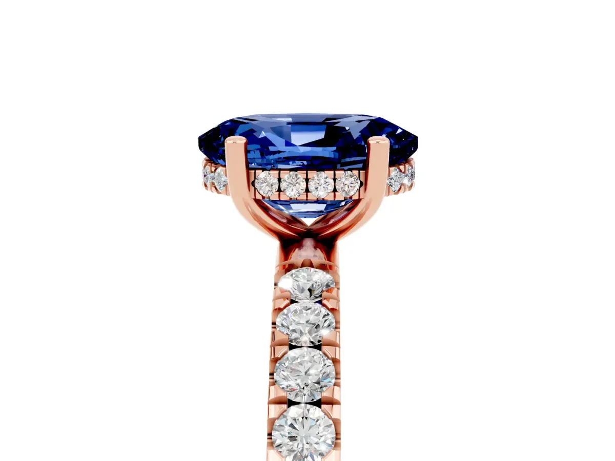 Oval Cut Blue Sapphire Pave Band Solitaire Ring with Round and Prong Setting Rose gold