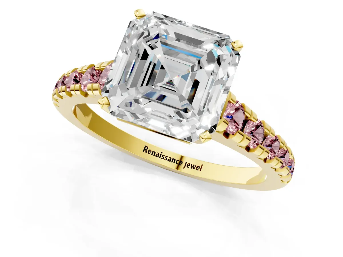 Asscher Cut Diamond Cathedral Solitaire Ring with Round Morganite Pavé Band Yellow gold