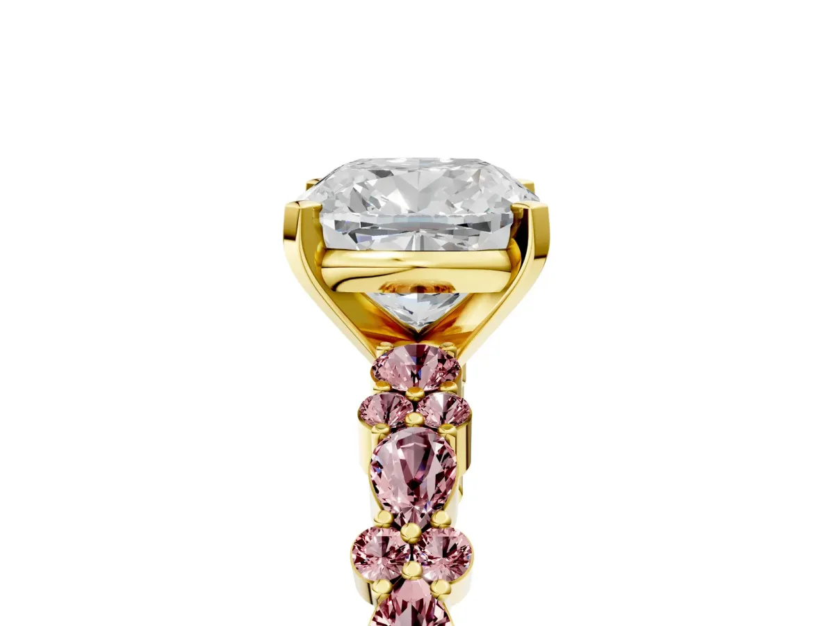 Cushion Cut Diamond Side Stone Solitaire Ring with Round Morganite and Four-Prong Setting Yellow gold