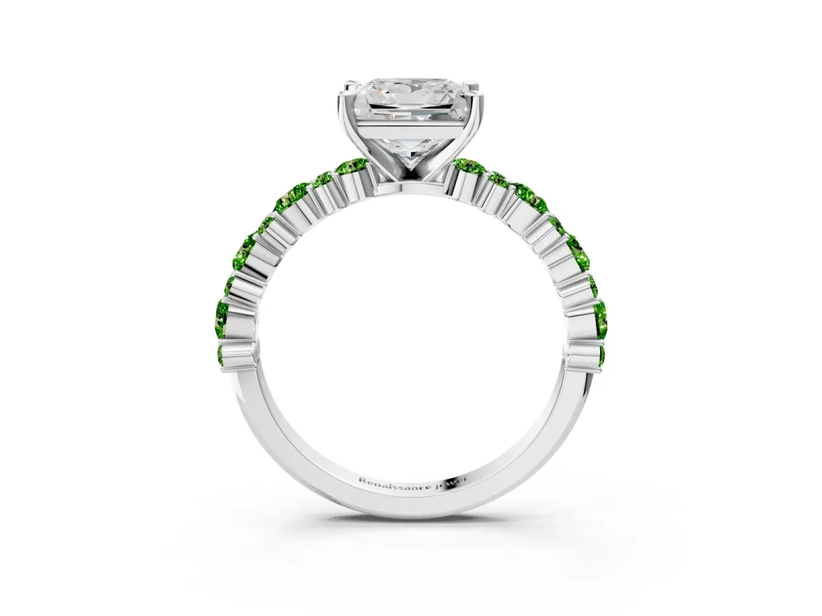 Princess Cut Diamond Side Stone Solitaire Ring with Round Peridot and Four-Prong Setting Platinum