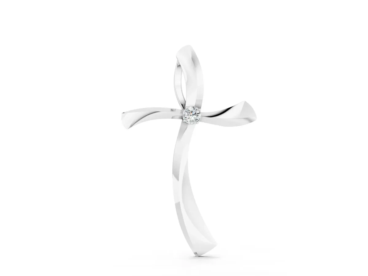 Curved Cross Pendant with Round Diamond in Bezel Setting Silver