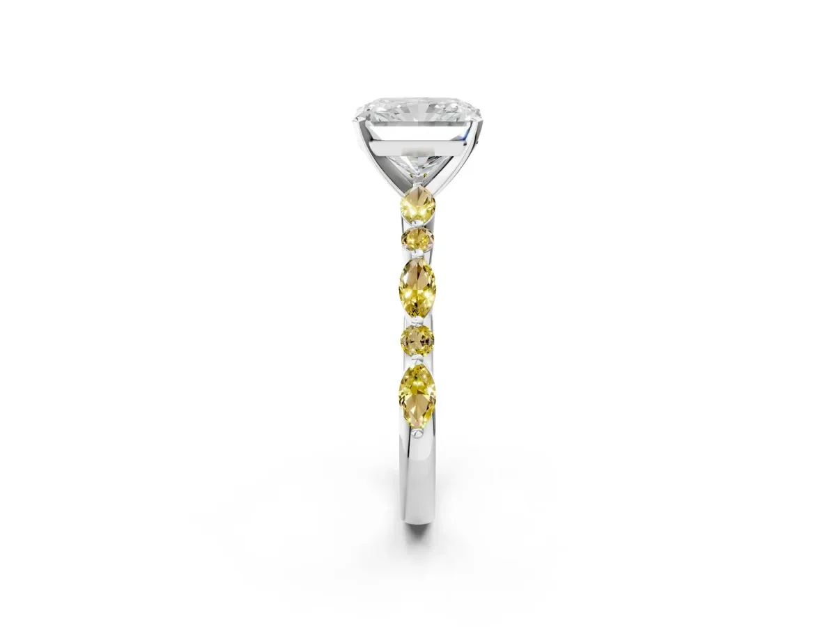 Radiant Cut Diamond Ring with Marquise and Round Yellow Sapphire Side Stones and Four-Prong Setting Silver