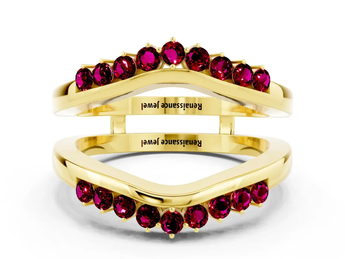 Round Garnet Chevron Contour Band with Prong Setting Yellow gold