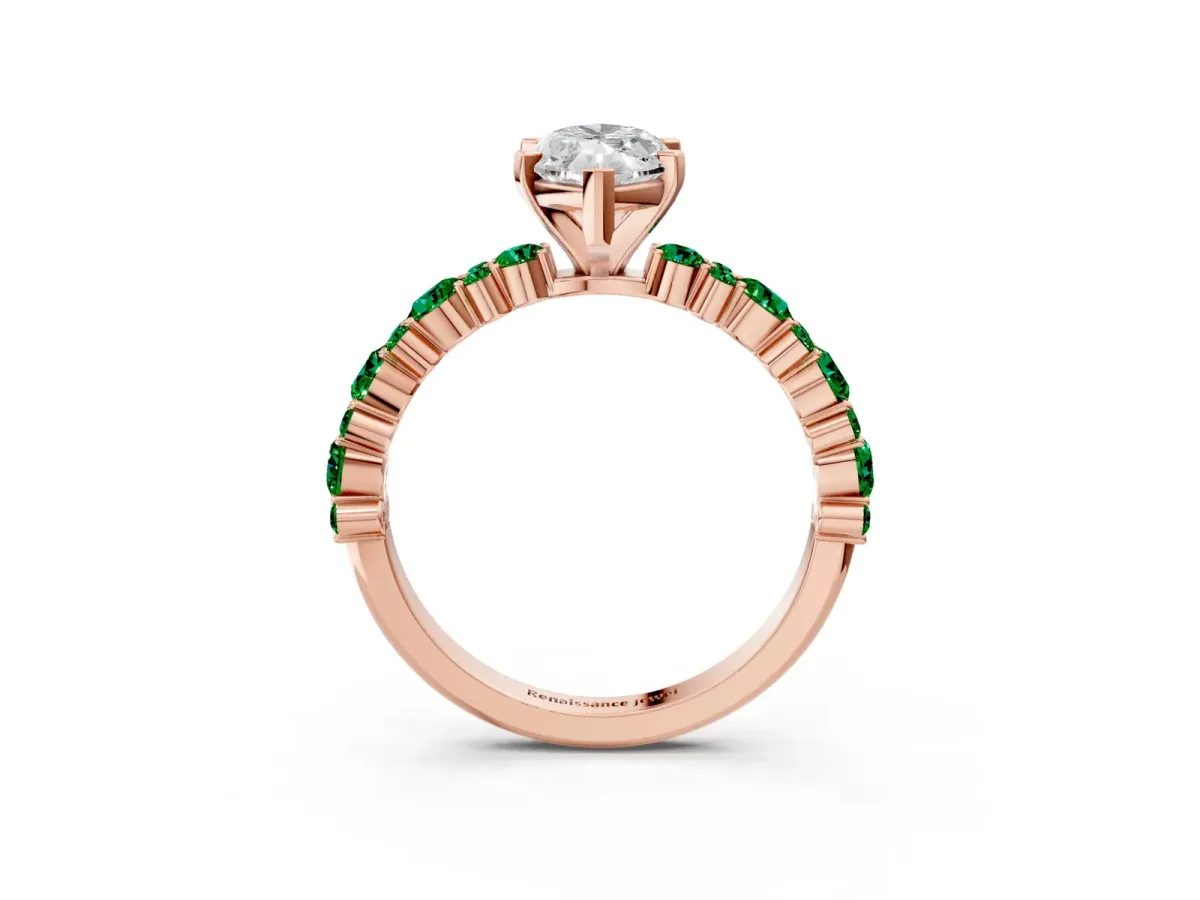 Marquise Cut Diamond Side Stone Solitaire Ring with Round Emerald and Four-Prong Setting Rose gold