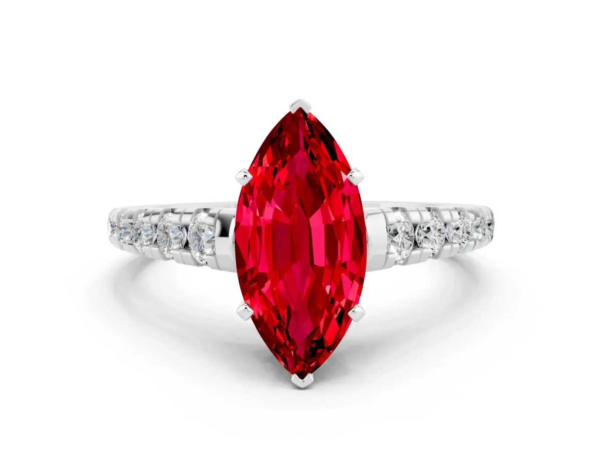 Marquise Cut Ruby Cathedral Solitaire Ring with Round Pavé Band Silver