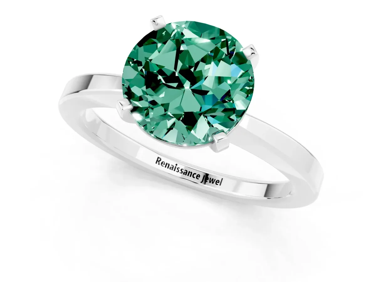 Round Cut Green Sapphire Solitaire Engagement Ring with Classic Band and Four-Prong Setting Platinum