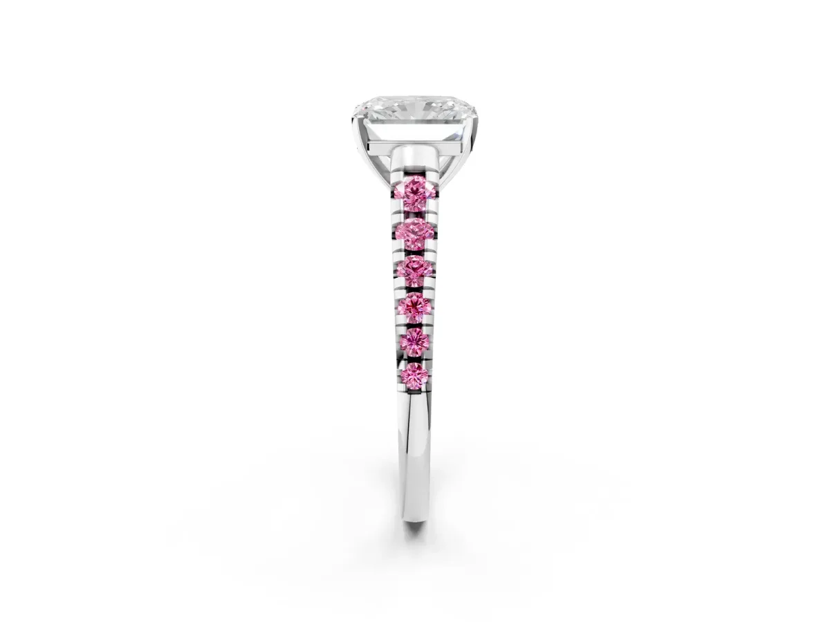 Radiant Cut Diamond Cathedral Solitaire Ring with Round Pink Sapphire Pavé Band Silver