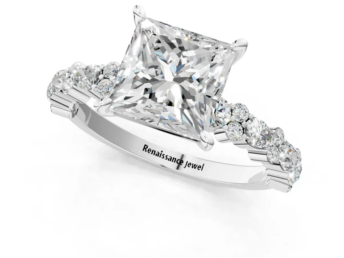 Princess Cut Diamond Side Stone Solitaire Ring with Round Moissanite and Four-Prong Setting Platinum