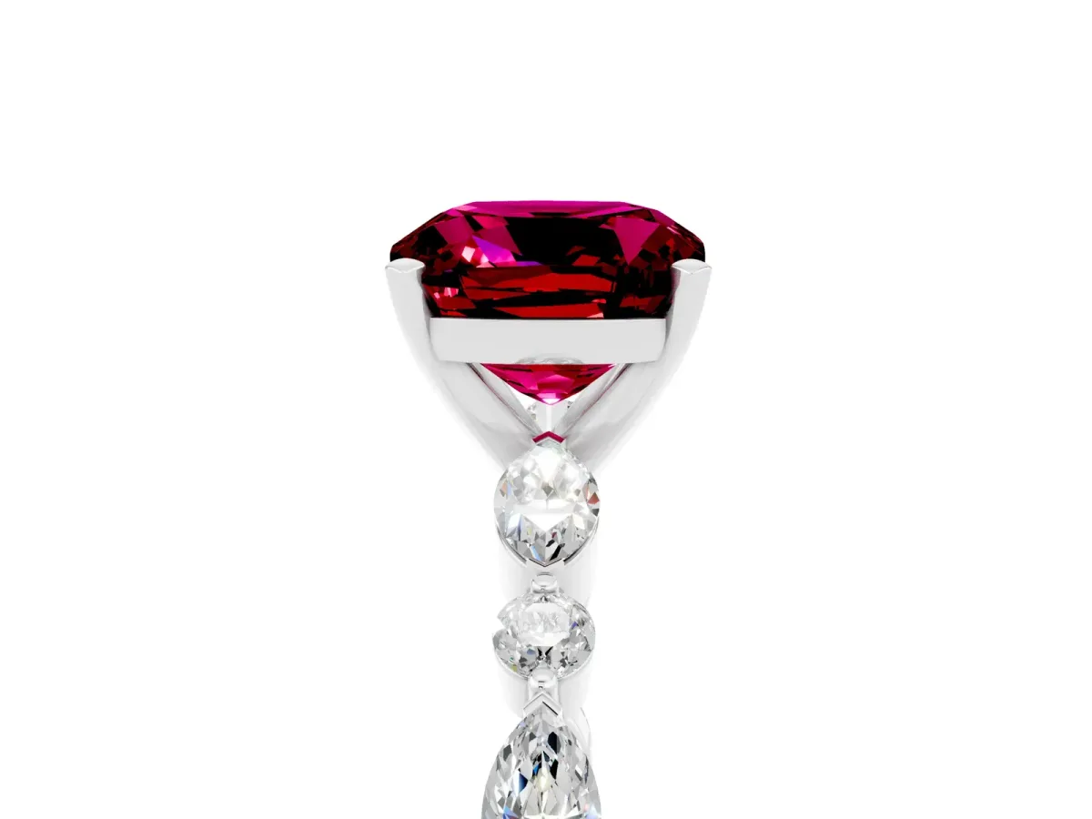 Cushion Cut Garnet Ring with Marquise and Round Side Stones and Four-Prong Setting Platinum