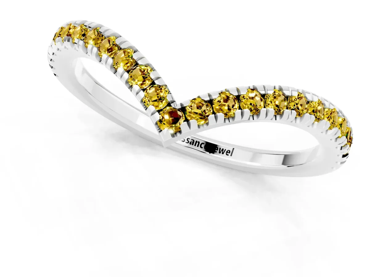 Pavé Round Yellow Sapphire V-Shaped Chevron Band with Shared Prong Setting White gold