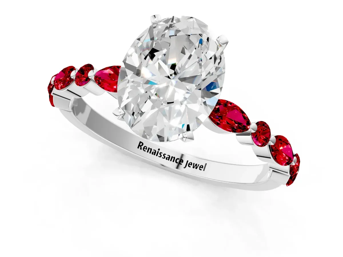 Oval Cut Diamond Ring with Marquise and Round Ruby Side Stones and Four-Prong Setting Silver