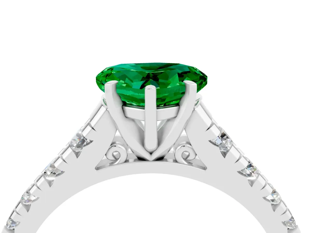 Heart Cut Emerald Cathedral Solitaire Ring with Round Pavé Band White gold