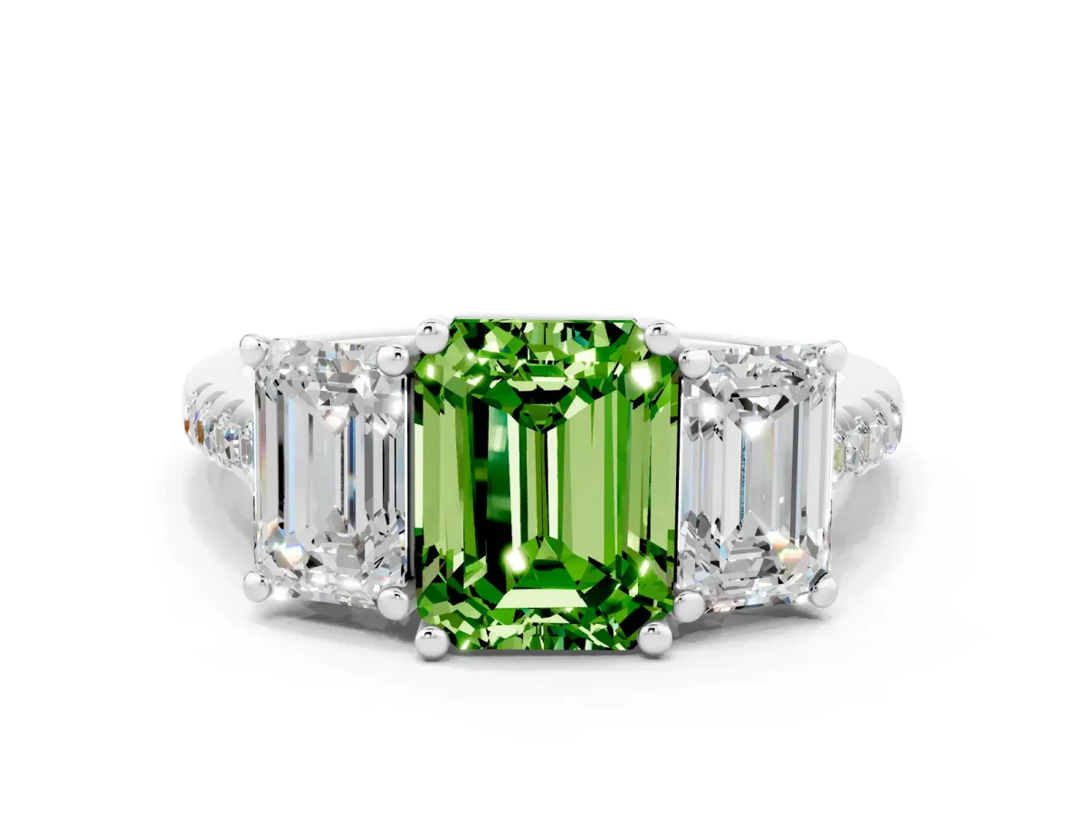 Three-Stone Emerald Cut Peridot Ring with Round Pavé Band and Prong Setting Silver