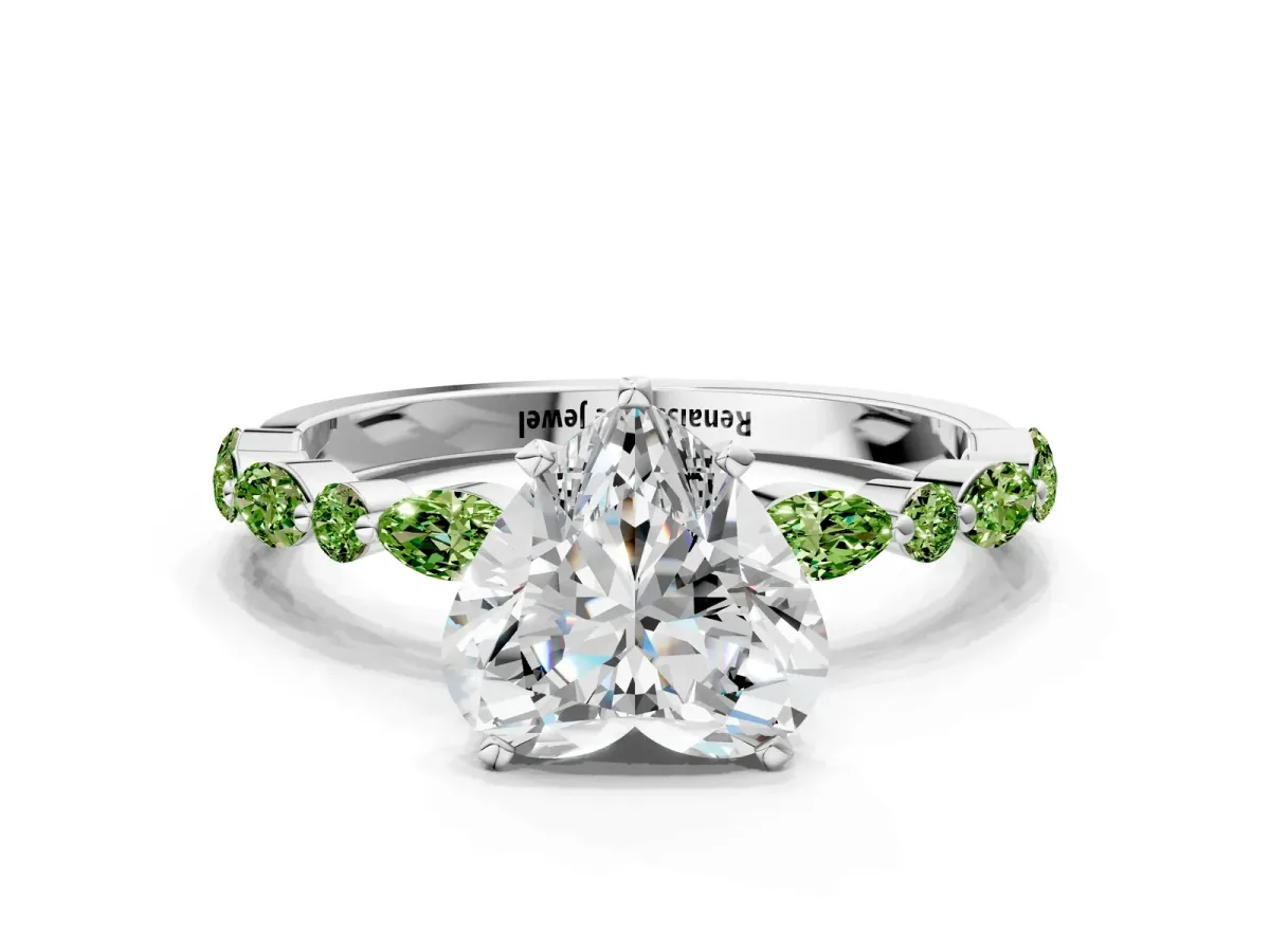 Heart Cut Diamond Ring with Marquise and Round Peridot Side Stones and Four-Prong Setting Silver