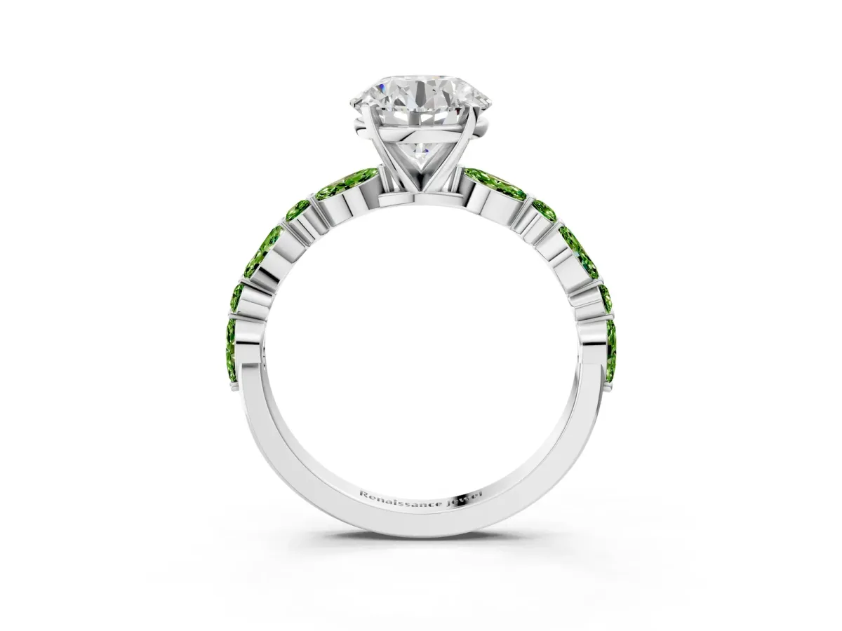 Round Cut Diamond Ring with Marquise and Round Peridot Side Stones and Four-Prong Setting Silver