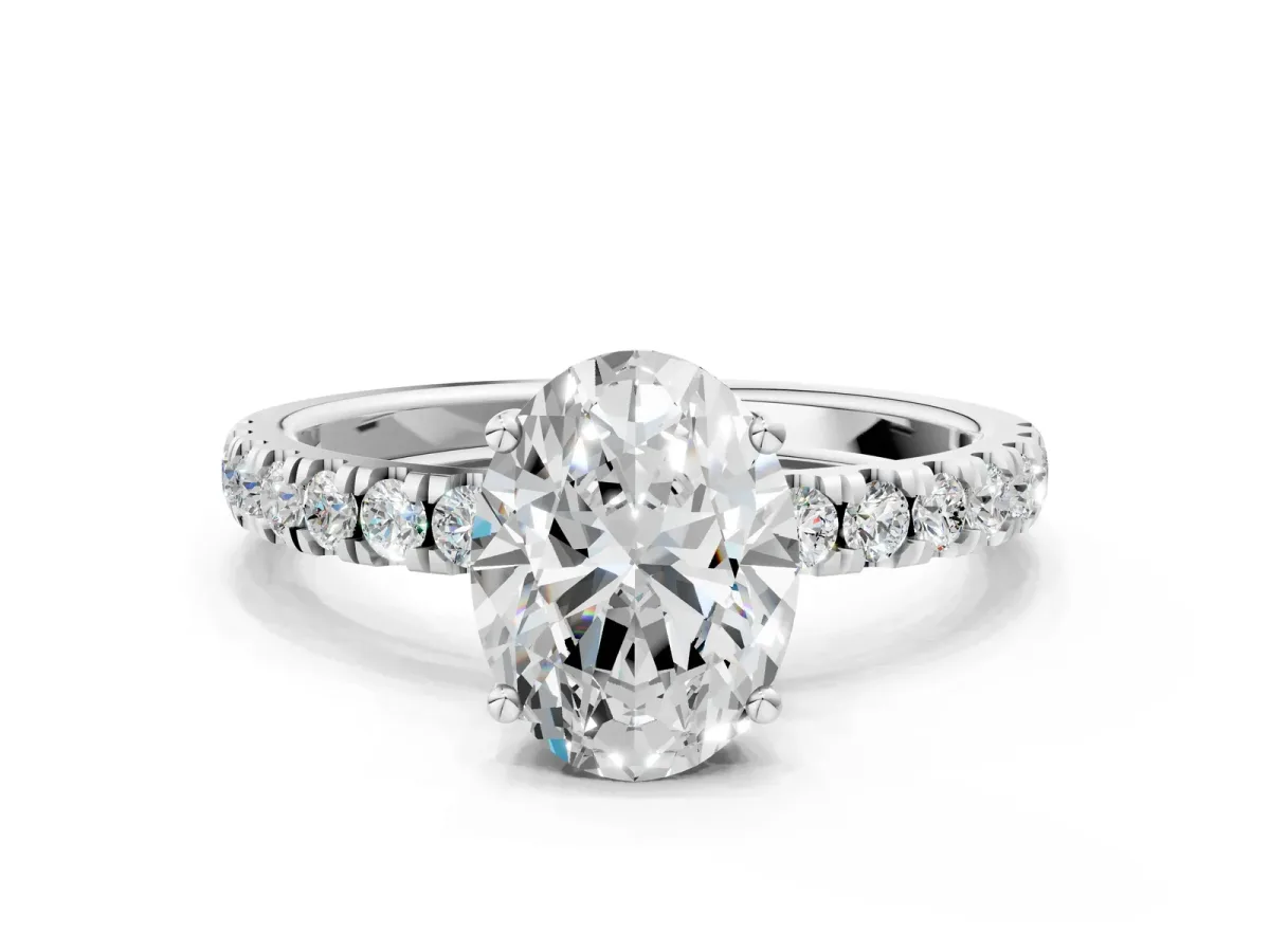 Oval Cut Diamond Pave Band Solitaire Ring with Round Moissanite and Prong Setting White gold