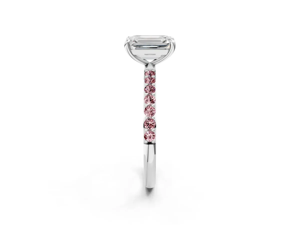 Emerald Cut Diamond Solitaire Ring with Round Morganite Pavé Band and Prong Setting Silver