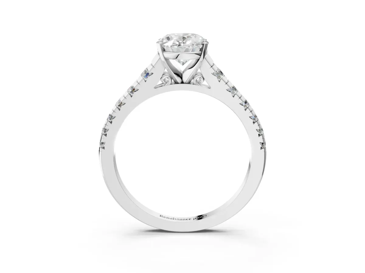 Oval Cut Diamond Cathedral Solitaire Ring with Round Pavé Band White gold