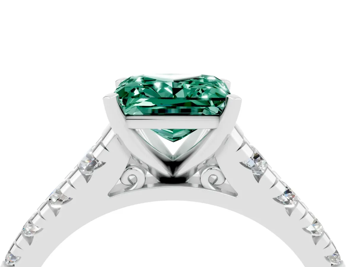 Princess Cut Green Sapphire Cathedral Solitaire Ring with Round Pavé Band Platinum