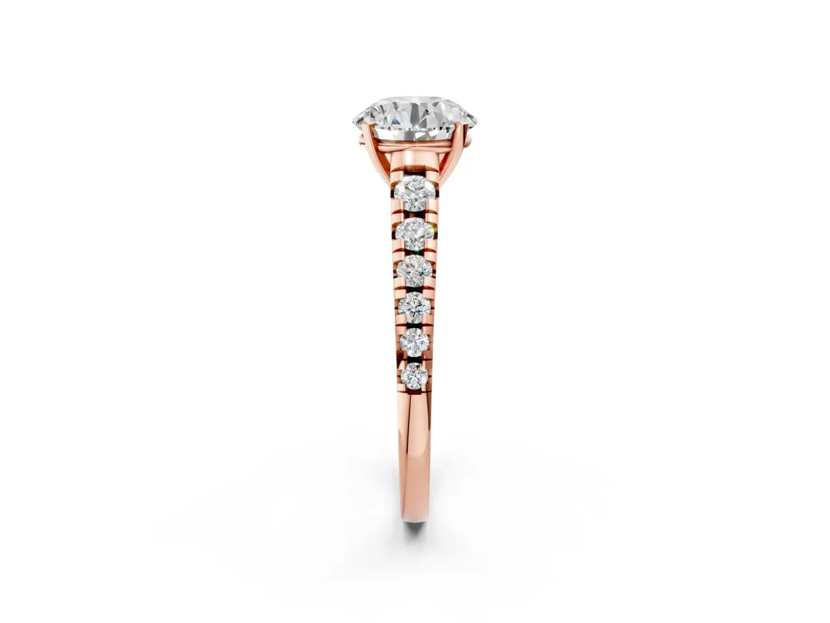 Round Cut Diamond Cathedral Solitaire Ring with Round Moissanite Pavé Band Rose gold